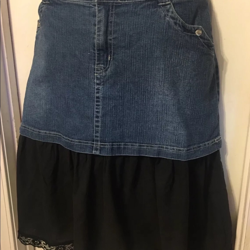 SOLD! Denim Skirt with Black Ruffled Bottom - Picture 3 of 7